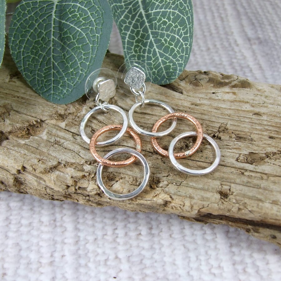 Earrings, Sterling Silver and Copper Circles Droppers