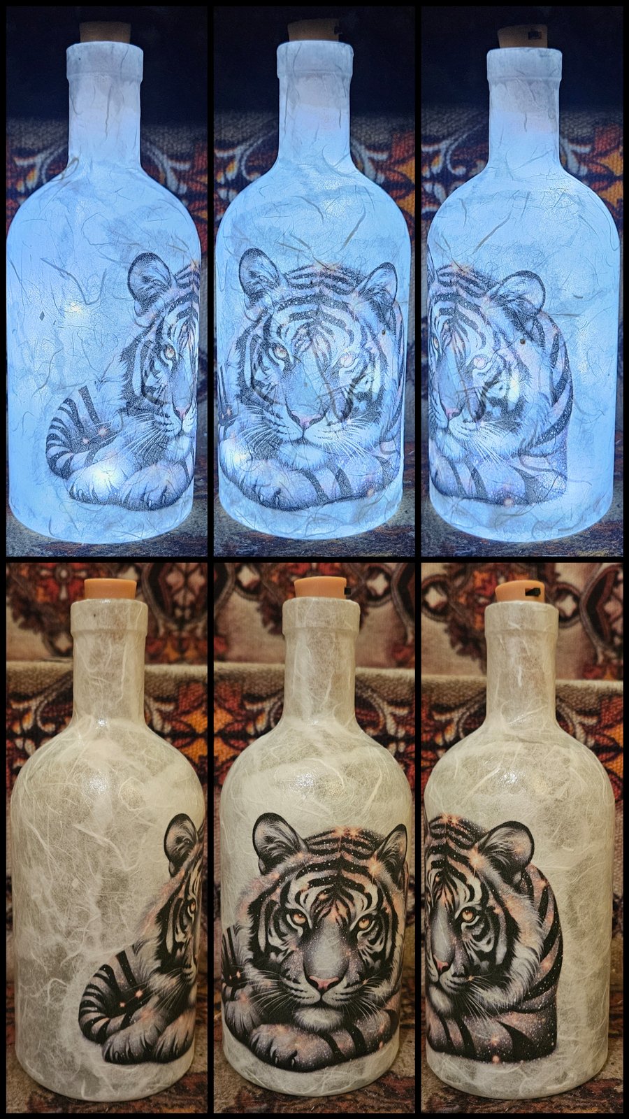Snow tiger bottle light. Decoupaged glass. Gift. 