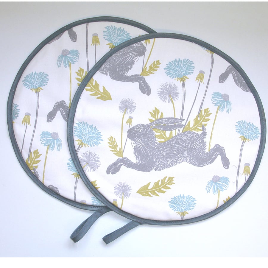 Hare Aga Hob Lid Mats Pads Pair of Covers Grey Hares Duck Egg Chef Hat Round x2