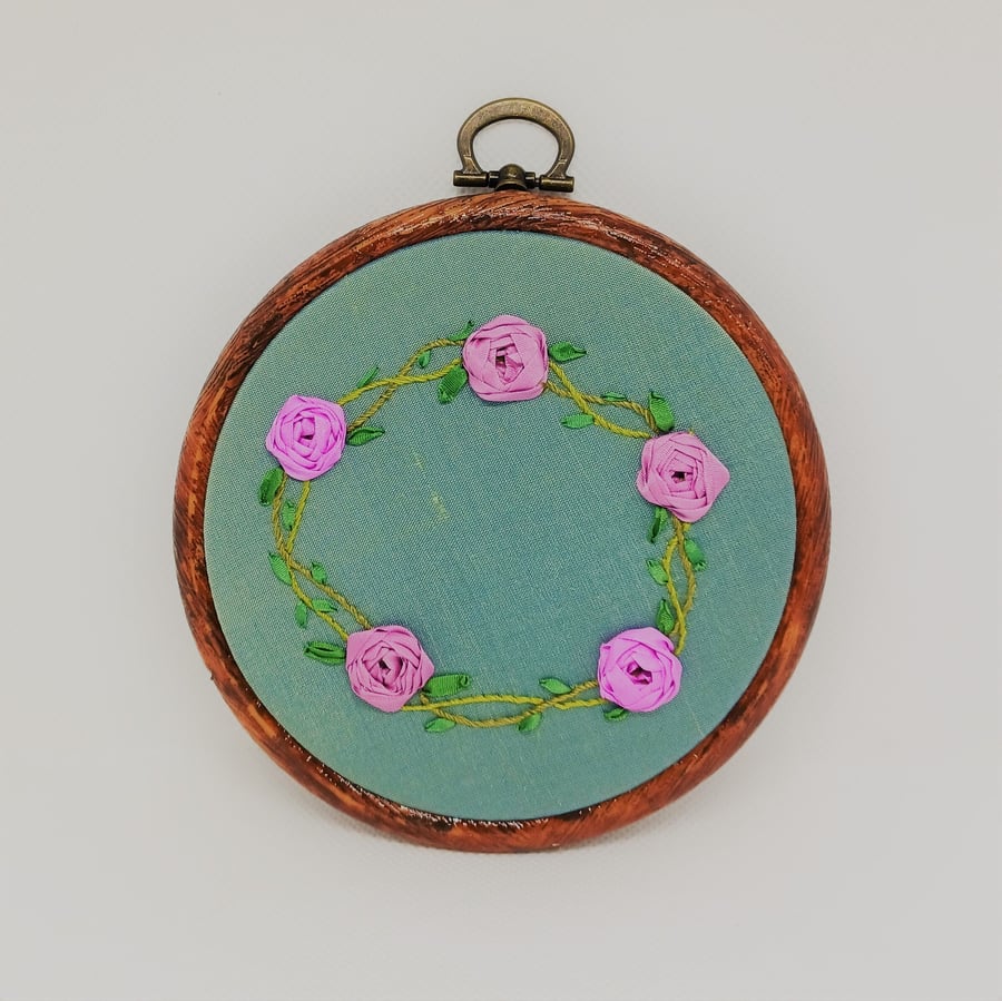 Silk Ribbon Roses Hand Embroidered Wreath Hoop