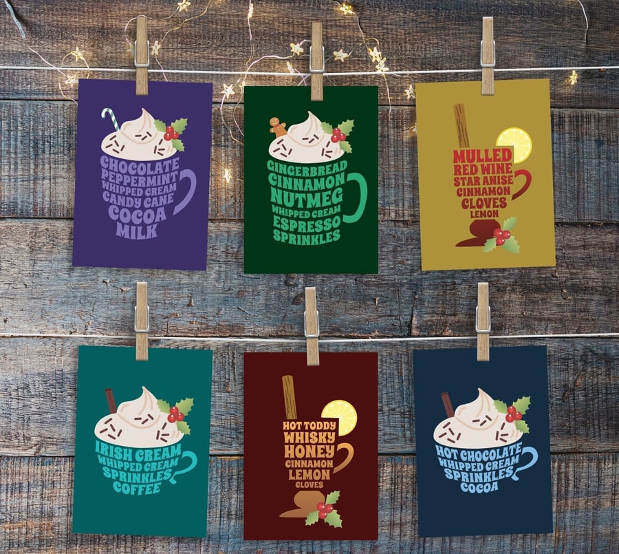 Set of 6 Christmas Hot Drink Cards