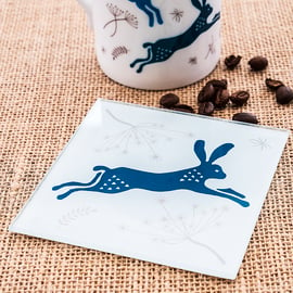 Glass Hare Coaster Indian Wood Block Printing Inspired Gift for Wildlife Lover  