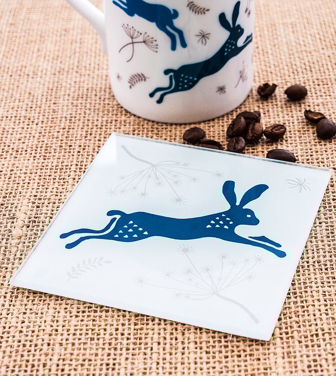 Glass Hare Coaster Indian Wood Block Printing Inspired Gift for Wildlife Lover  