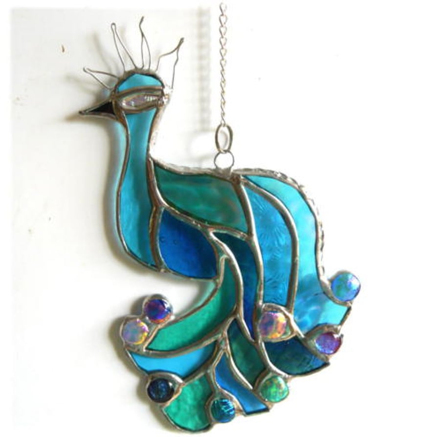 SOLD Peacock Suncatcher Stained Glass Dichroic Bird 