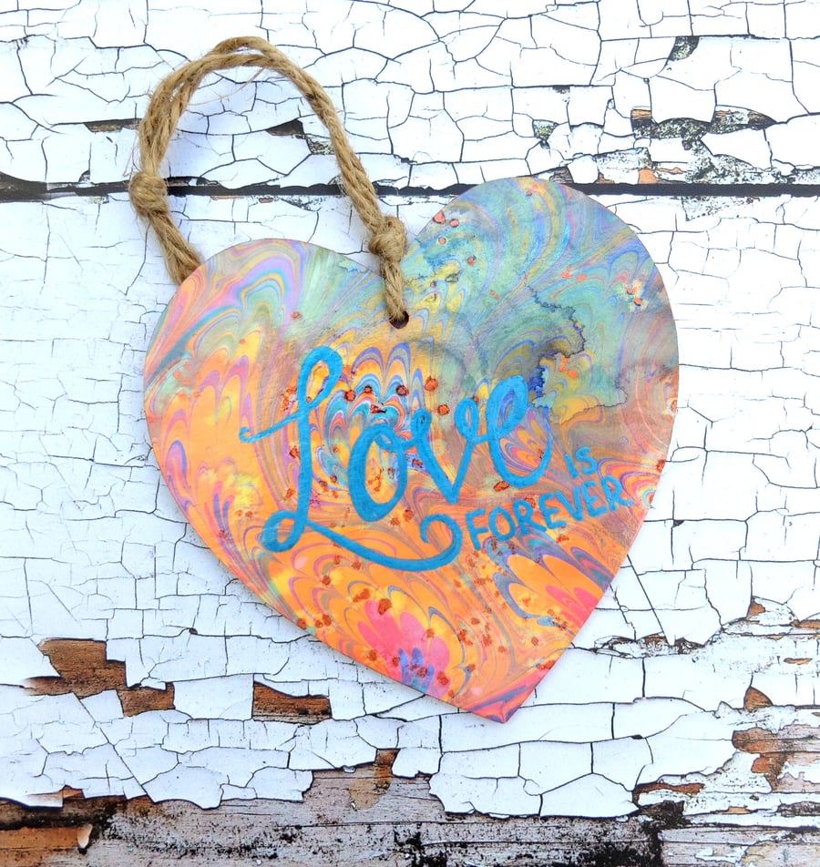 Marbled paper wooden heart hanging decoration love sentiment 