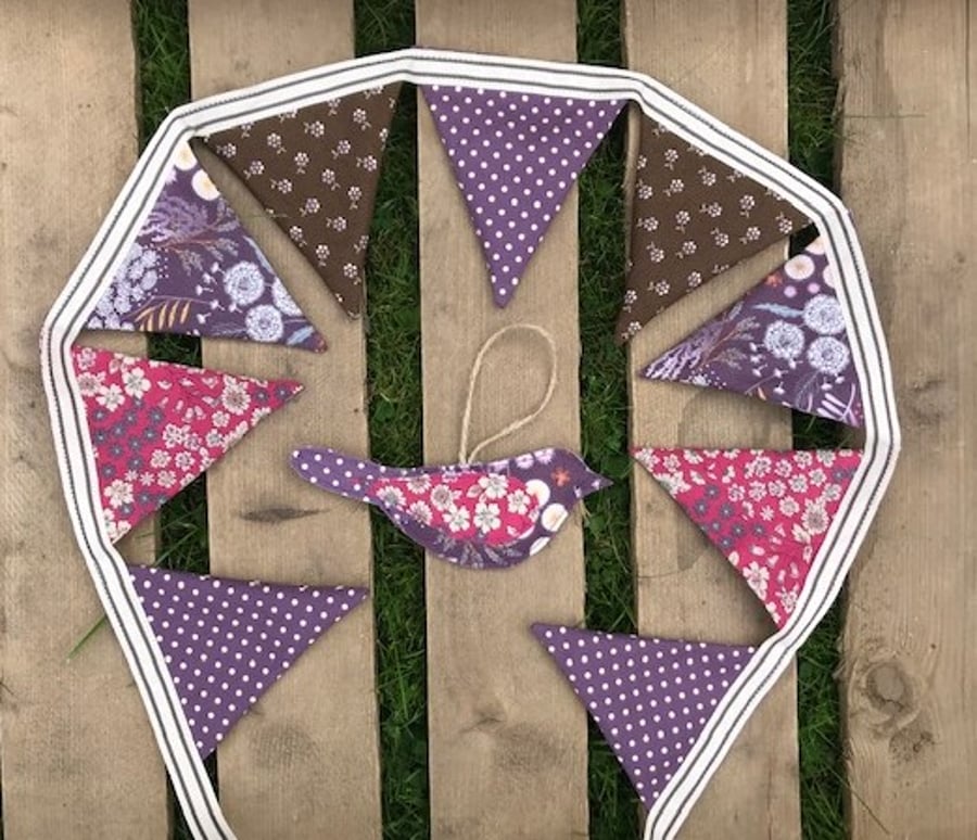 Bird and bunting dresser duo in shades of chocolate and purple