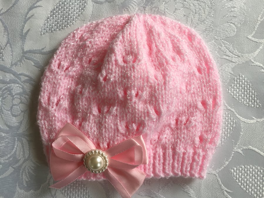 Baby Girl's Hand Knitted  Pink Shimmer hat, 0 -3 Months