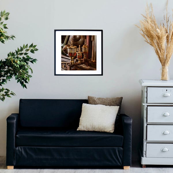 Vintage steam engine oil drip feed print, Victorian industrial wall art