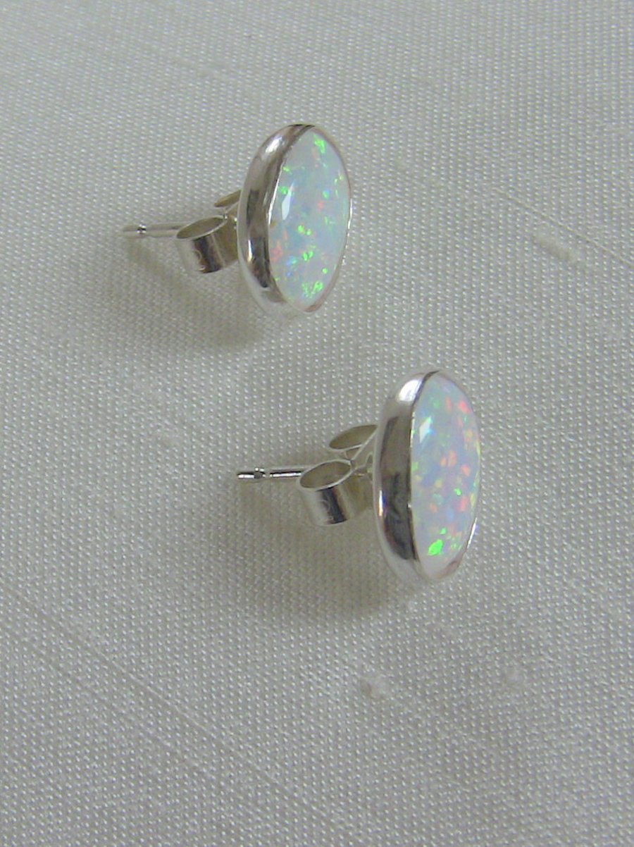 Opal and Sterling Silver oval Stud Earrings,  E87