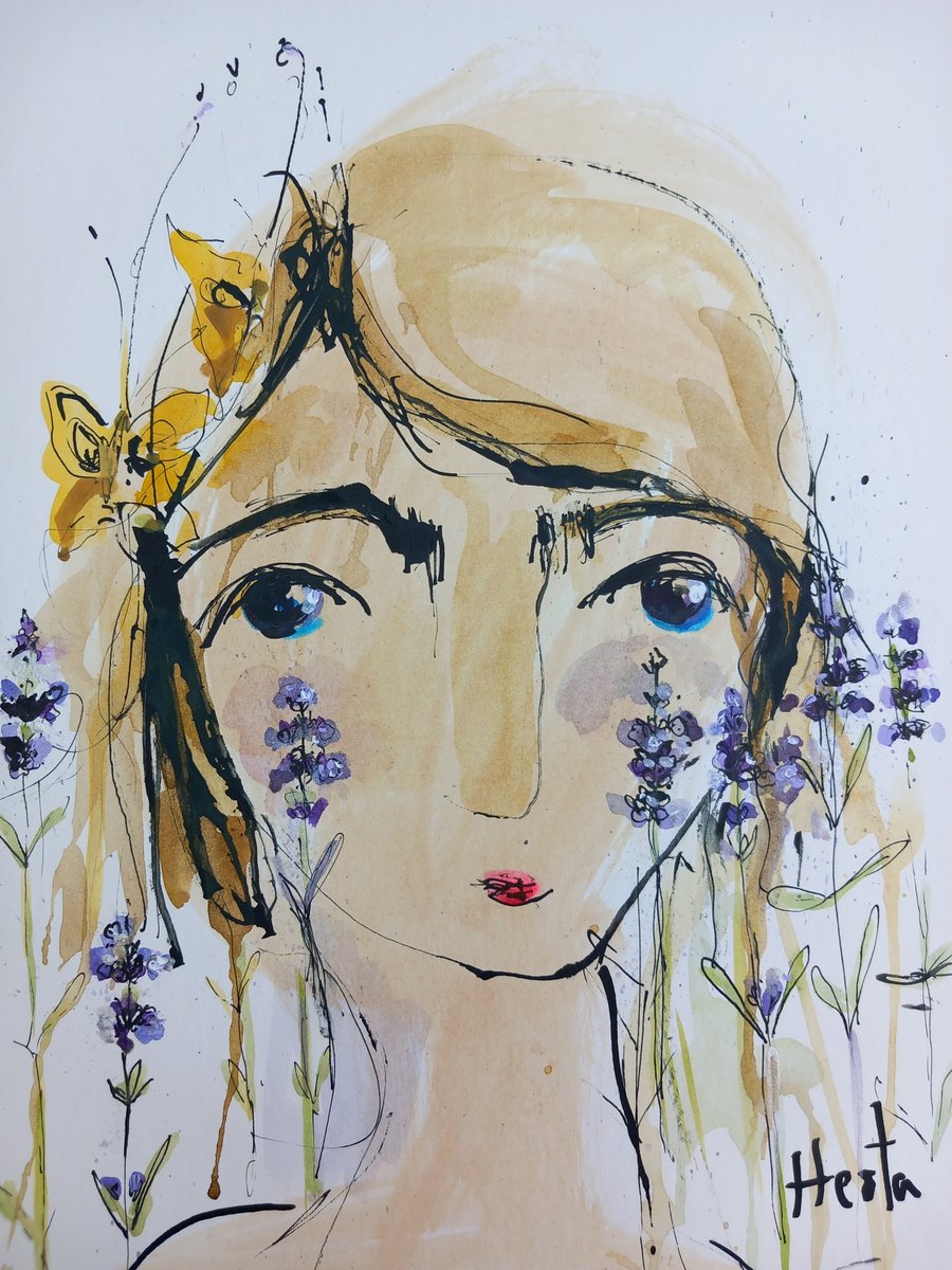 Unframed lavender inky girl ' DillyBlue'