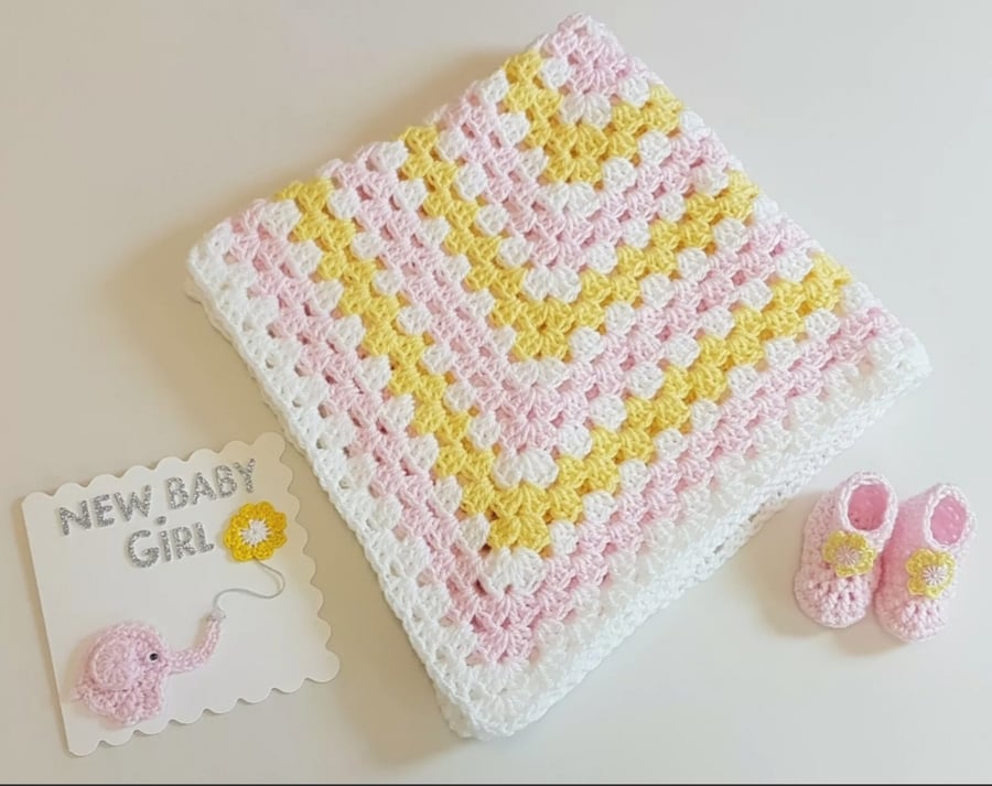 Hand crochet baby blanket, baby booties & new baby girl card 