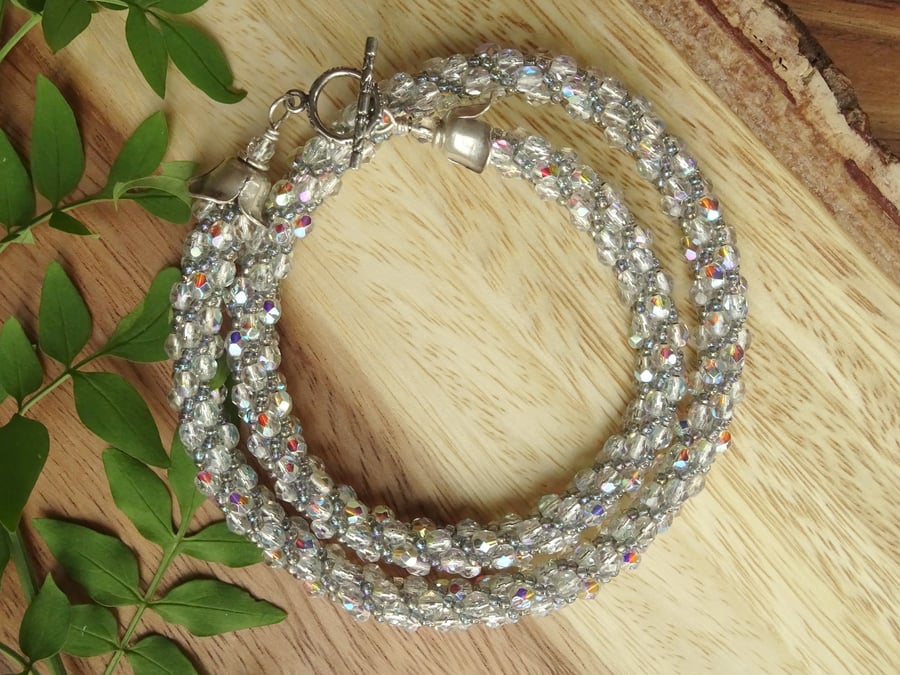 Glitter beaded necklace, rainbow iridescent faceted glass jewellery