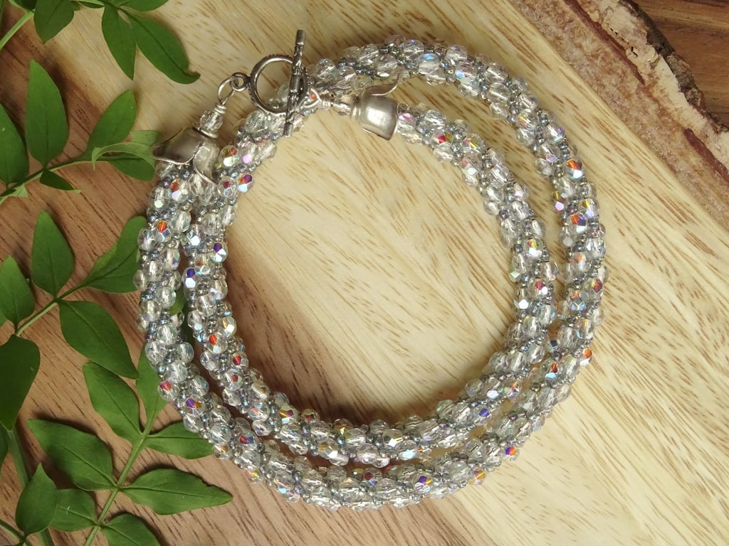 Glitter beaded necklace, rainbow iridescent faceted glass jewellery