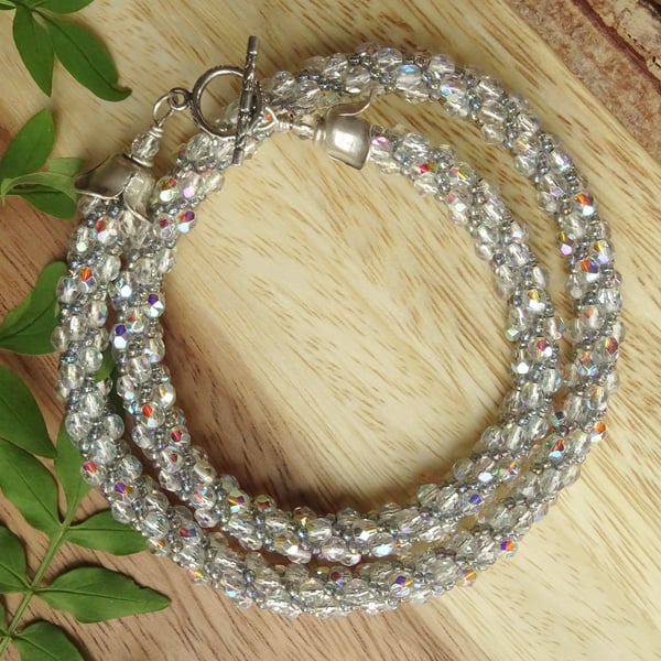 Glitter beaded necklace, rainbow iridescent faceted glass jewellery