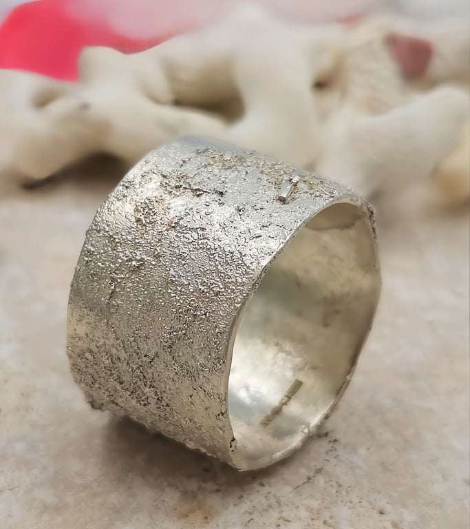 Hand Forged Wide Sterling Silver Ring: Molten Texture Statement Band - Size O