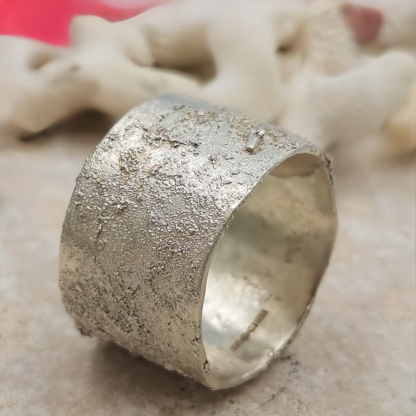 Hand Forged Wide Sterling Silver Ring: Molten Texture Statement Band - Size O