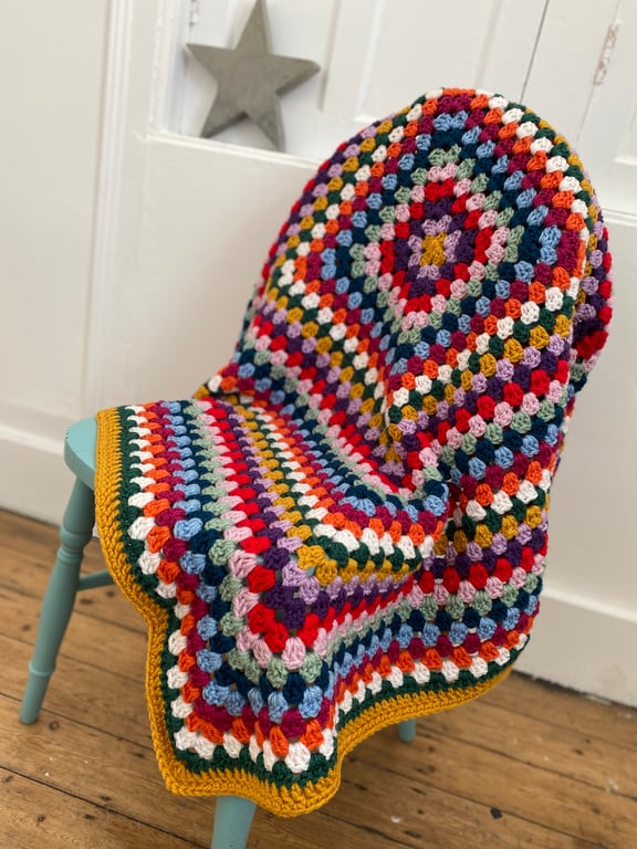 Multicoloured Woollen Granny Square Throw, Blanket