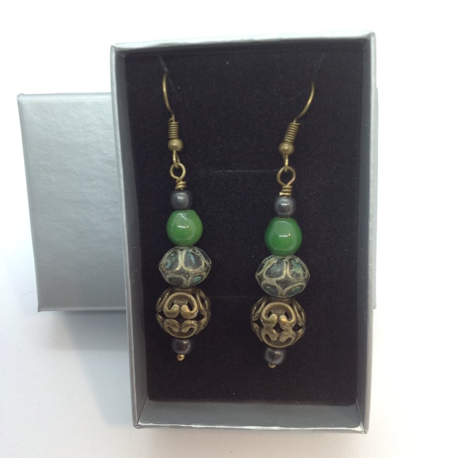 Bead earrings,North African style with vintage handpainted antiqued enamel beads