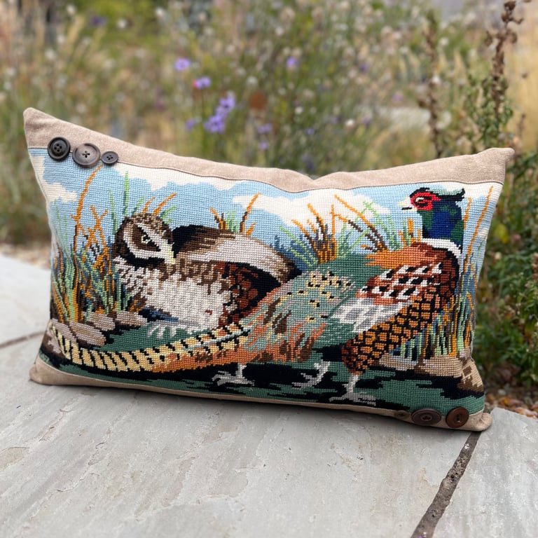 Pheasants and tweed Vintage 1977 tapestry cushion cover with buttons