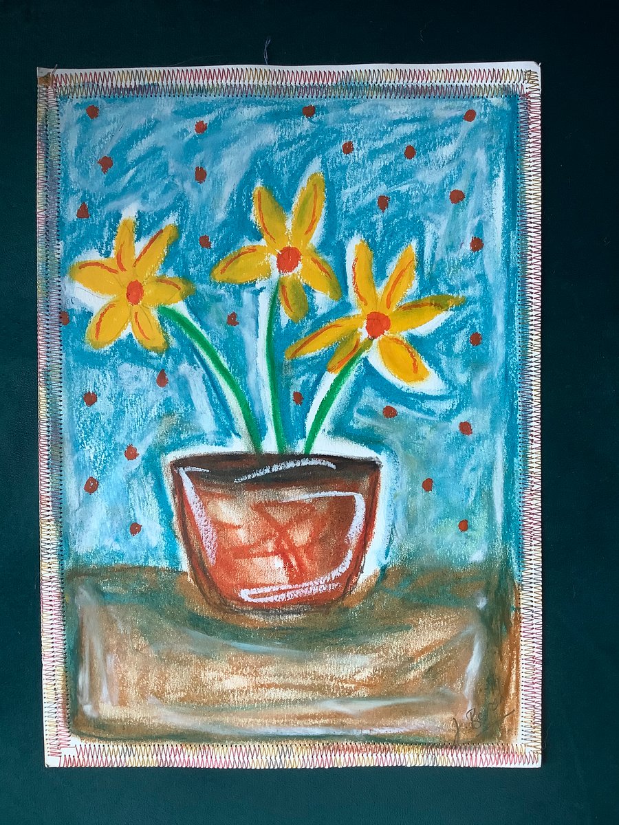 Yellow flowers. Original pastel drawing. Bright, happy, colourful art. Wall art 