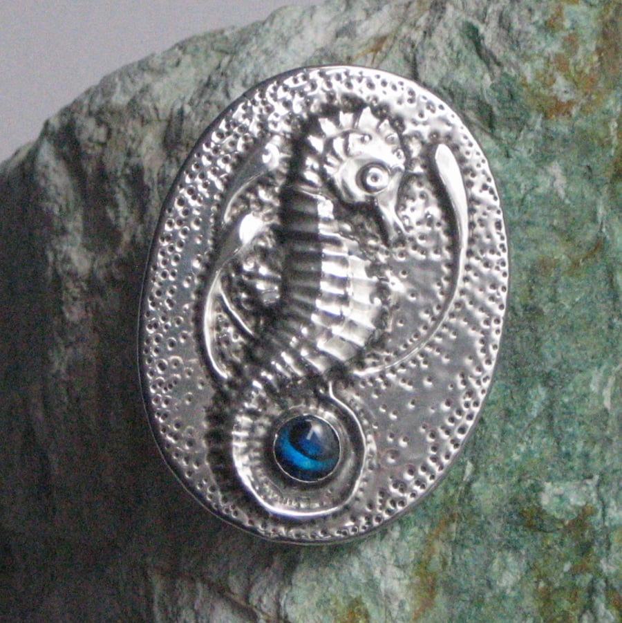 Reduced! Silver Pewter Seahorse Brooch with Paua Shell