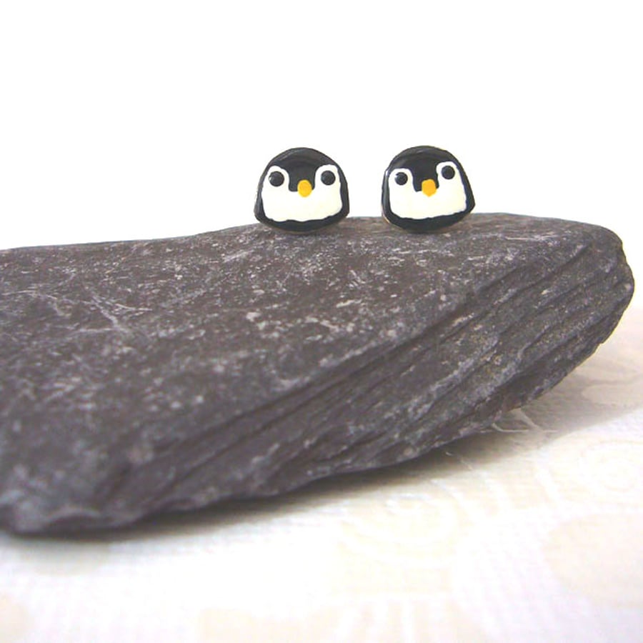 Sterling silver penguin stud earrings, animal jewellery, enamel jewellery