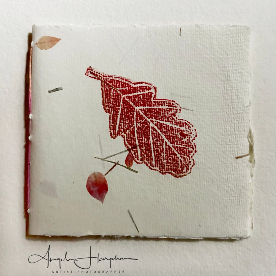 Square Hand Stitched Blank Sketchbook - Handmade Paper - Linoprint Oak Leaf