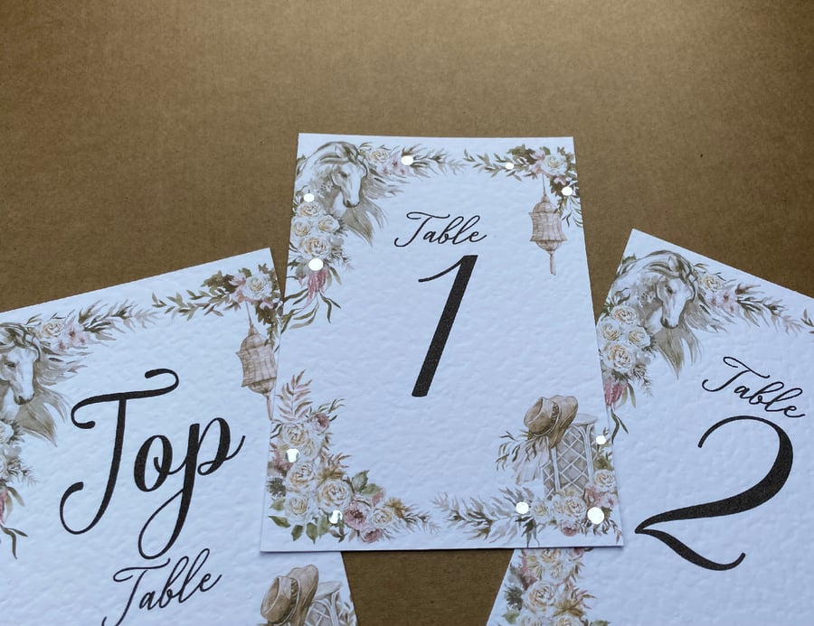Country style TABLE NUMBERS horse, macrame, flowers, farm wedding A6 card