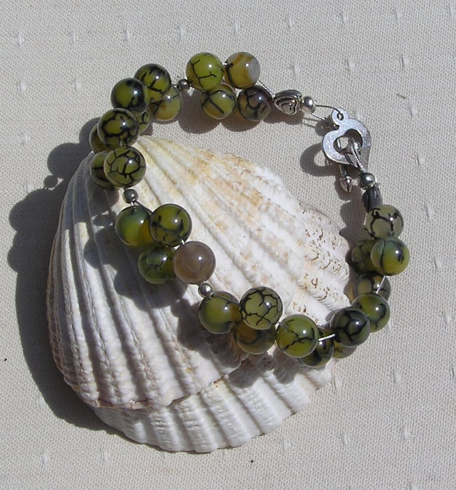 Green Dragon's Vein Agate Crystal Gemstone Beaded Bracelet "Green Dragon"