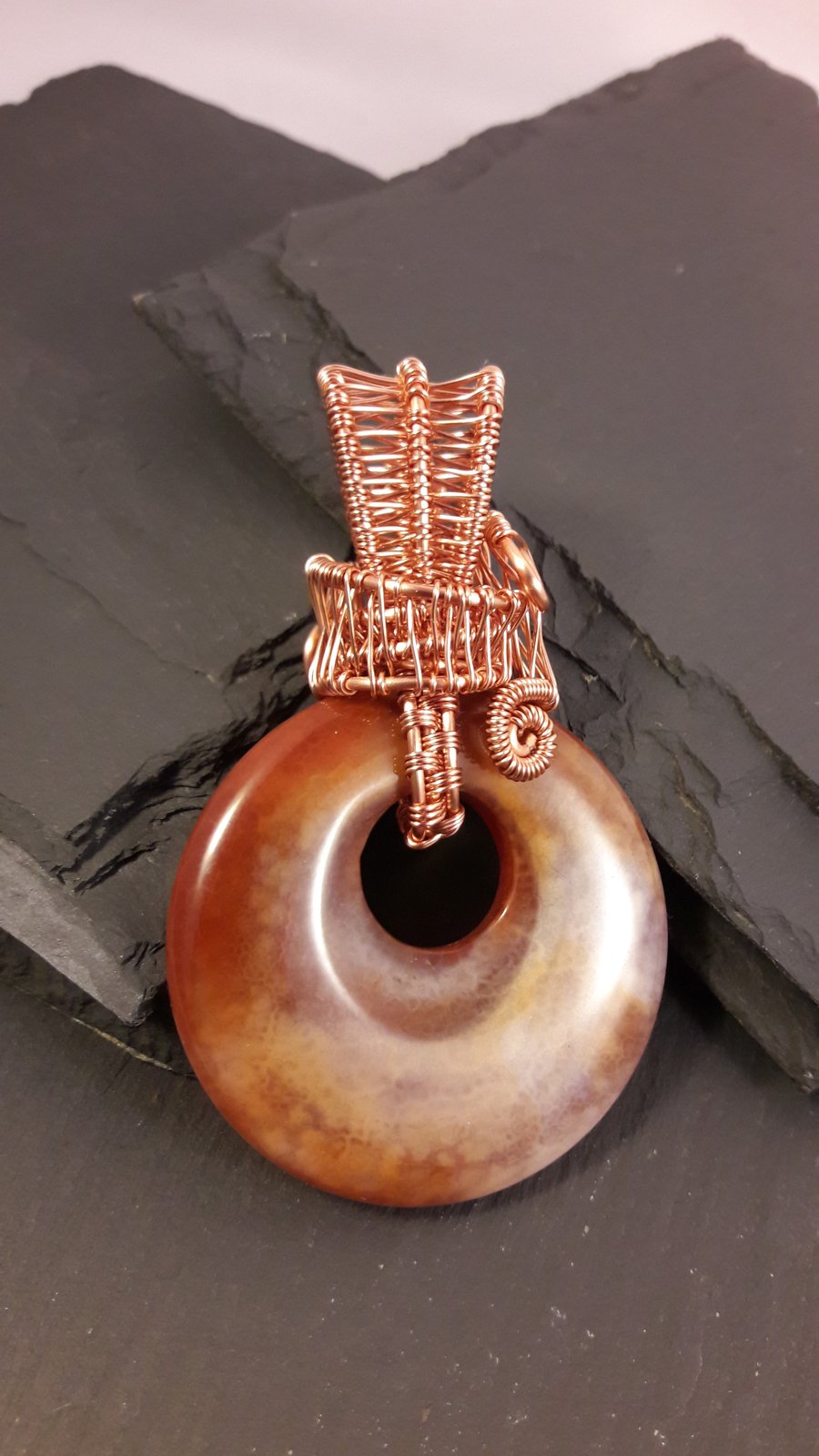 Orange Agate Reversible Asymmetric Donut Wire Wrapped Pendant