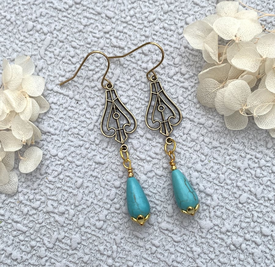Vintage Style Antique Gold and Turquoise Drop Earrings
