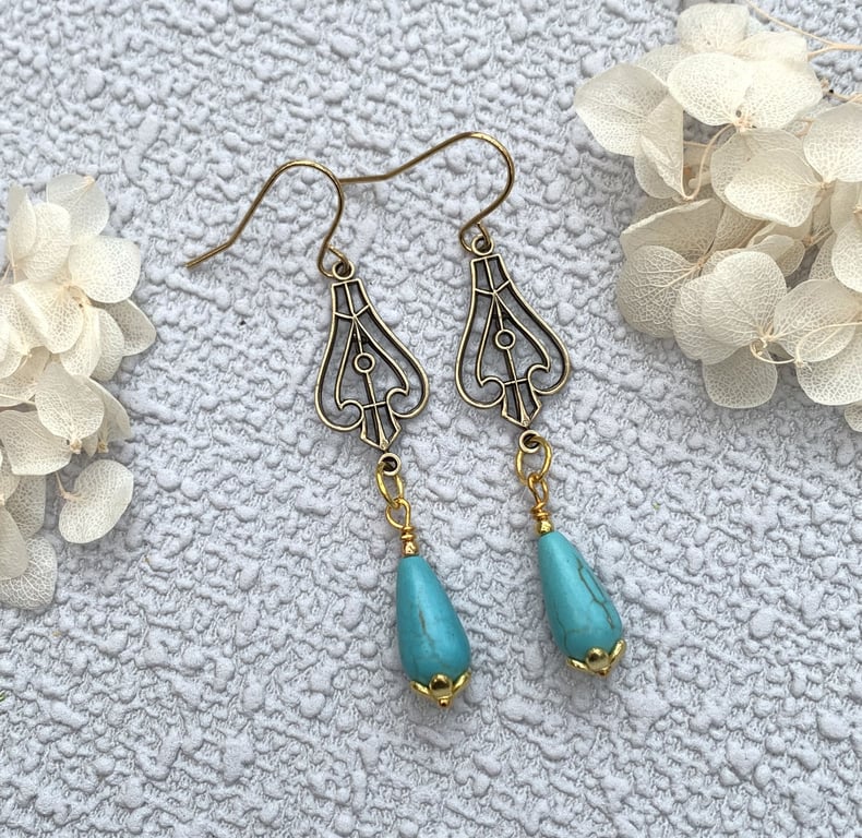 Vintage Style Antique Gold and Turquoise Drop Earrings