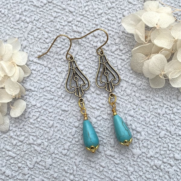 Vintage Style Antique Gold and Turquoise Drop Earrings