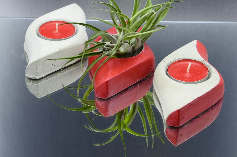 Set of 3 Handmade Concrete Tea Light,Tealight, Air Plant Holders - Red and Grey