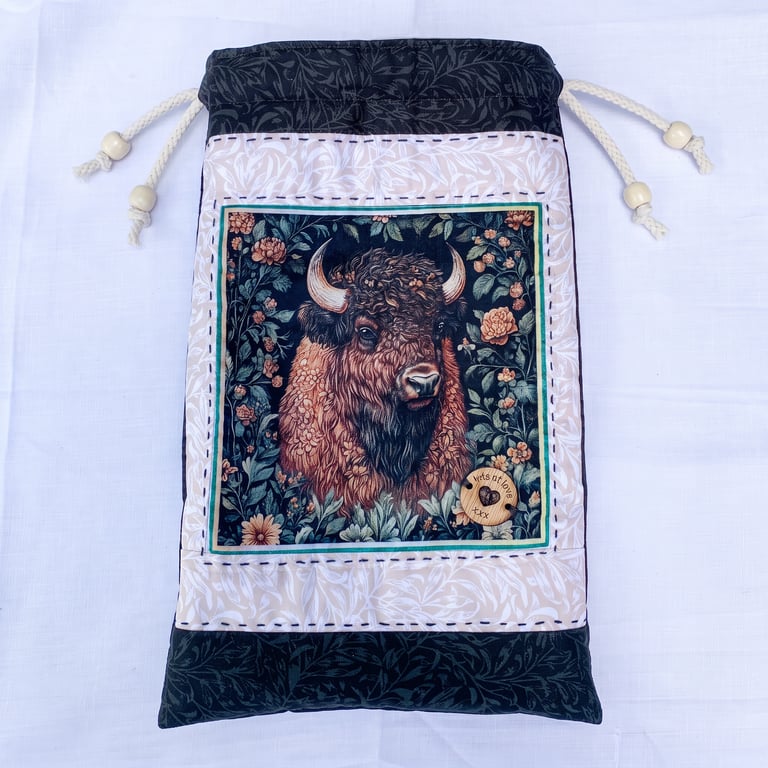 Handmade Quilted Bison Gift Pouch – Padded Drawstring Bag