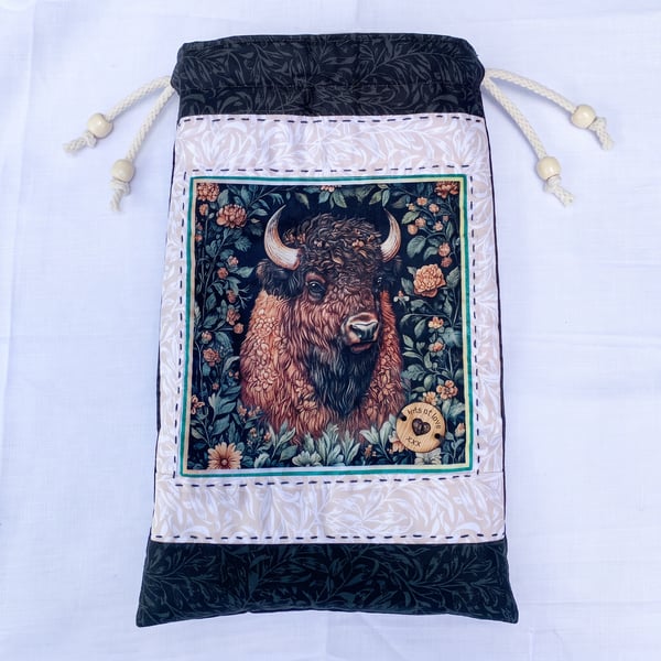 Handmade Quilted Bison Gift Pouch – Padded Drawstring Bag