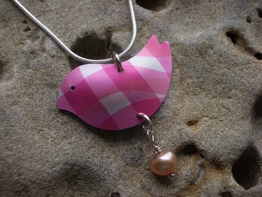 Bird necklace pendant in peachy pink checks with pearl