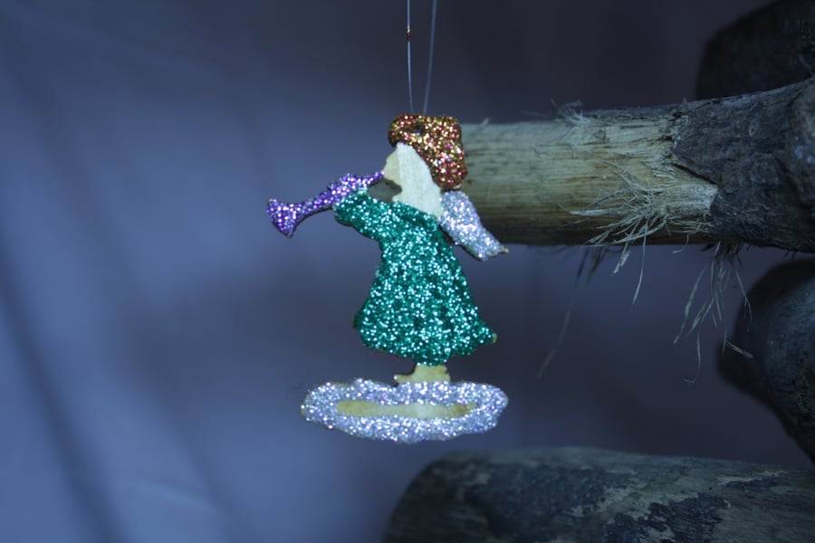 Beautiful Wooden Angel Decoration holding a Trumpet, with Glitter