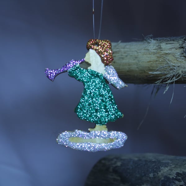 Beautiful Wooden Angel Decoration holding a Trumpet, with Glitter