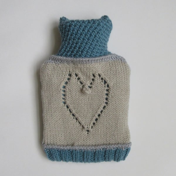 Hot water bottle cover - blue lacy heart