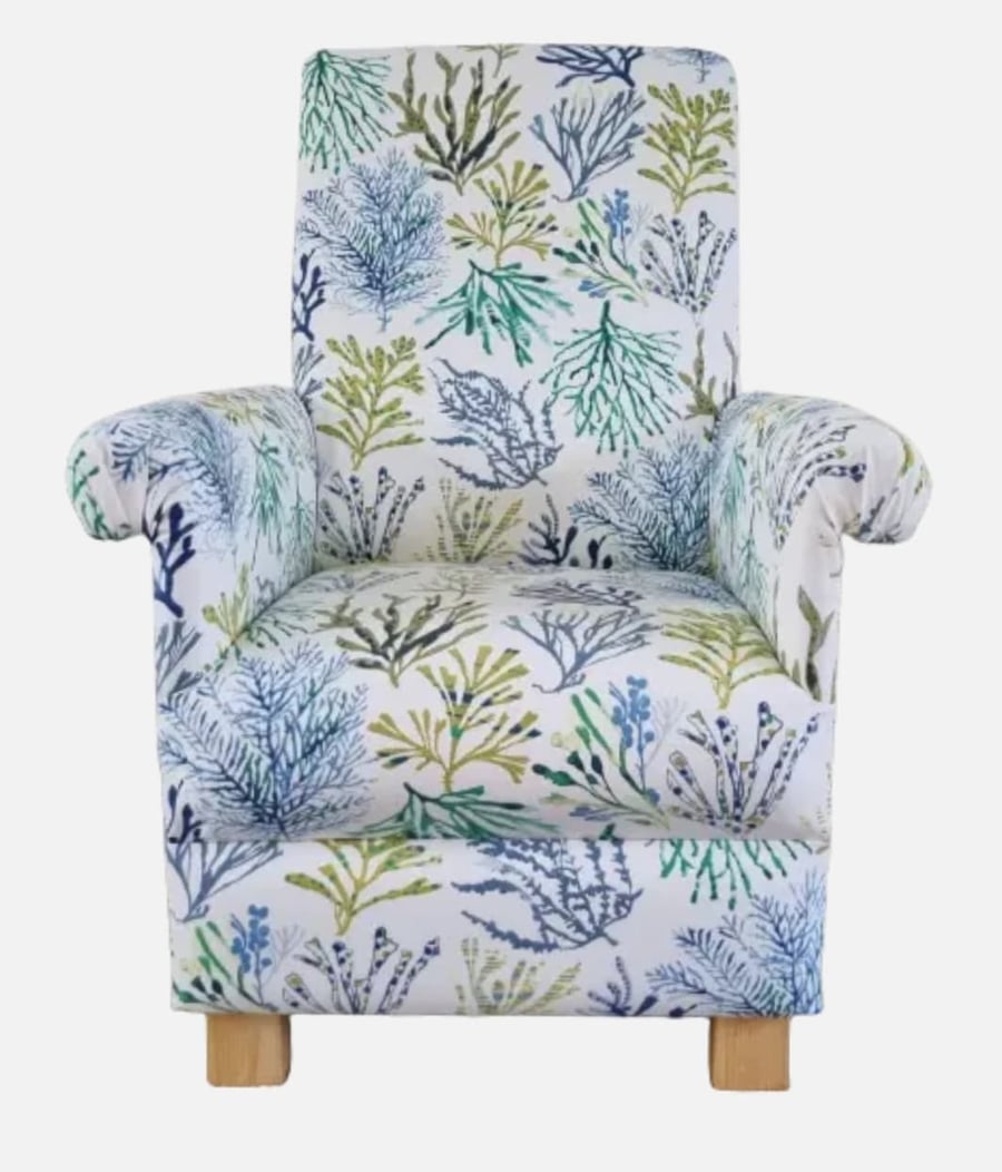 Blue Coastal Armchair Adult Accent Chair Coral Seaweed Blue Small Bedroom Green