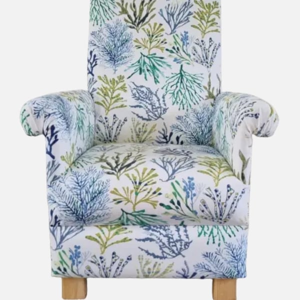 Blue Coastal Armchair Adult Accent Chair Coral Seaweed Blue Small Bedroom Green