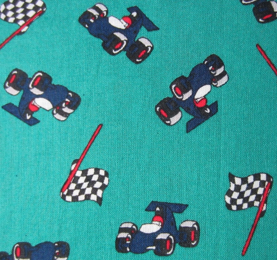 SALE Green Racing Cars Fabric. Fat Quarter Remnant. 