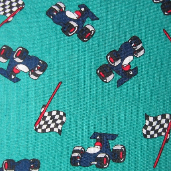 SALE Green Racing Cars Fabric. Fat Quarter Remnant. 