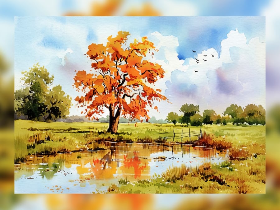 Autumn Reflection Fall Landscape Painting with Water and Trees 5"x7" Matte Print