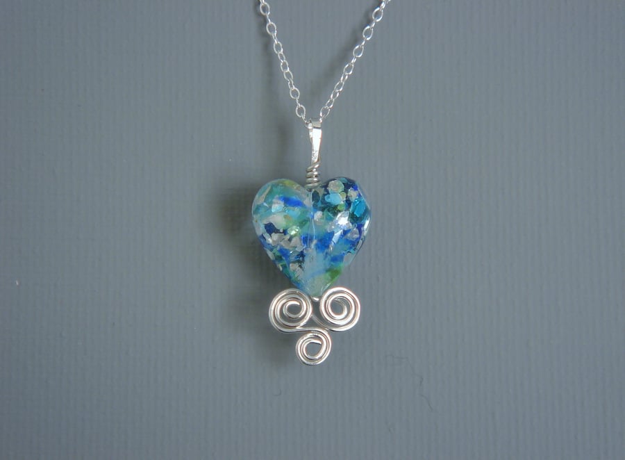 Celtic Triple Spiral Blue Green Murano Heart Pendant Filligree Sterling Silver