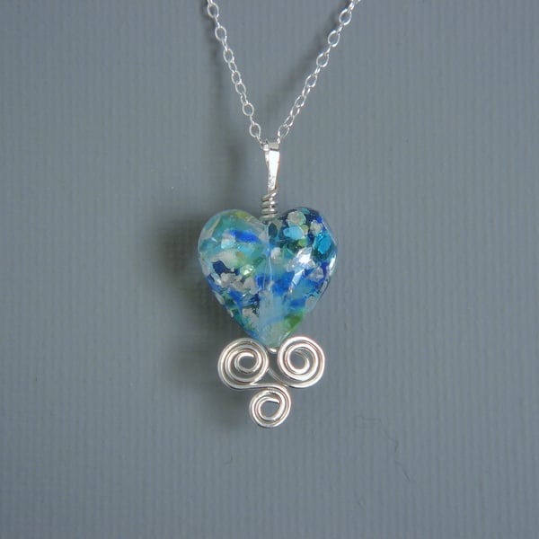 Celtic Triple Spiral Blue Green Murano Heart Pendant Filligree Sterling Silver