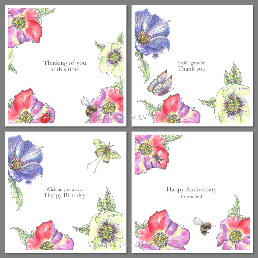4 gorgeous Hellebore Greeting cards with various captions  
