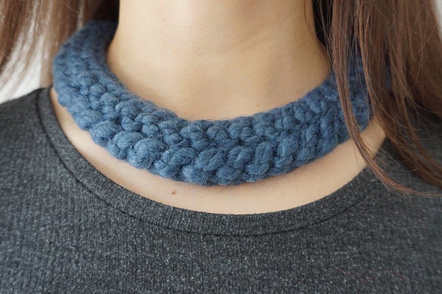 Women's Hand-Knitted Chunky Textile Dark Blue Statement Bib Necklace