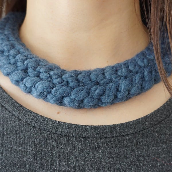 Women's Hand-Knitted Chunky Textile Dark Blue Statement Bib Necklace